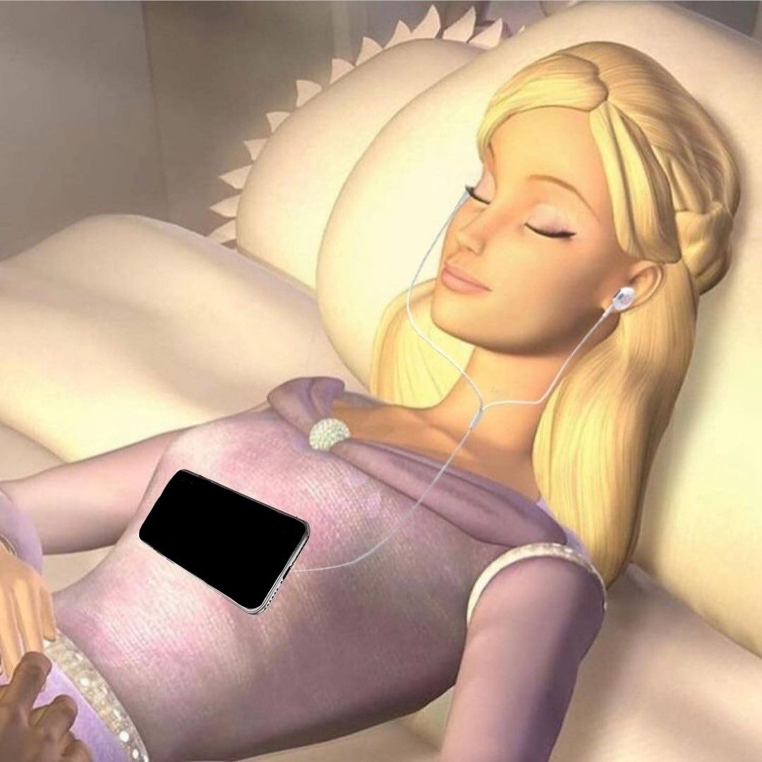 meme picture of barbie peacefully listening to music on her royal bed with wired-earphones